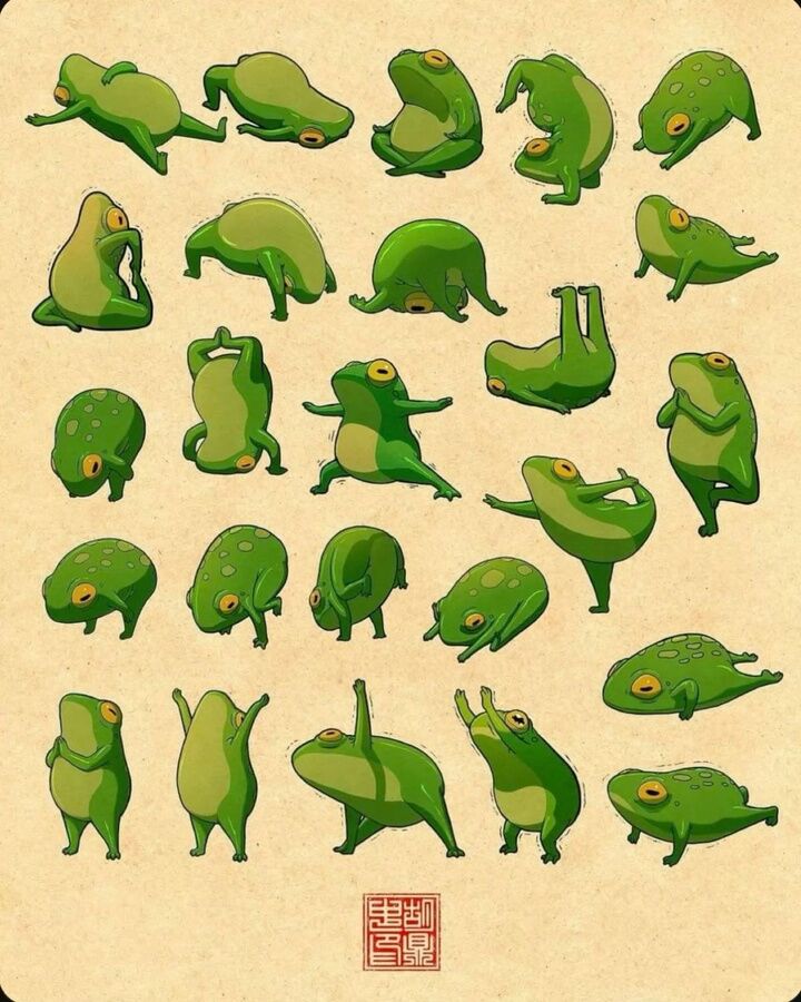 A sheet of small green frog sketches in different poses